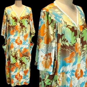 VINTAGE 70s groovy floral house dress robe snap button pocket midi tropical plus
